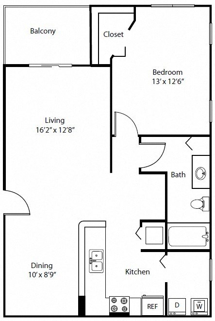 Floor plan for 1 bed, 1 bath, 864 sqft