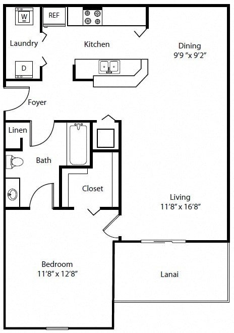 Floor plan for 1 bed, 1 bath, 878 sqft