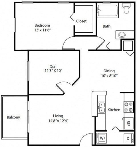 Floor plan for 1 bed, 1 bath, 1001 sqft