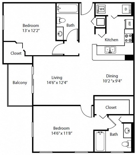 Floor plan for 2 beds, 2 baths, 1142 sqft
