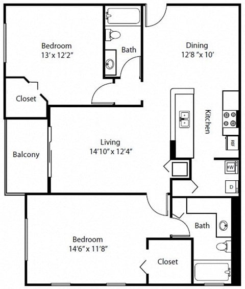 Floor plan for 2 beds, 2 baths, 1201 sqft