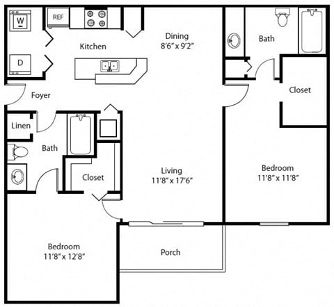 Floor plan for 2 beds, 2 baths, 1216 sqft