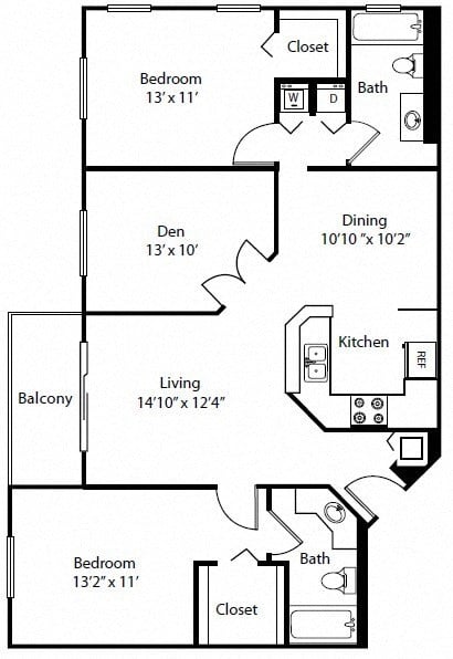 Floor plan for 2 beds, 2 baths, 1262 sqft