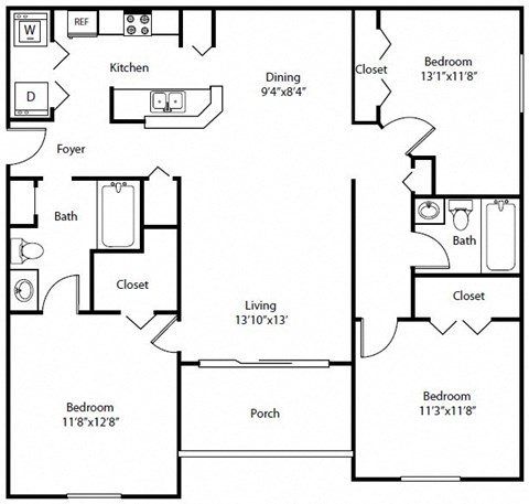Floor plan for 3 beds, 2 baths, 1327 sqft