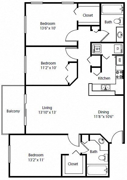 Floor plan for 3 beds, 2 baths, 1342 sqft