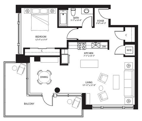 Floor plan for 1 bed, 1 bath, 938 sqft