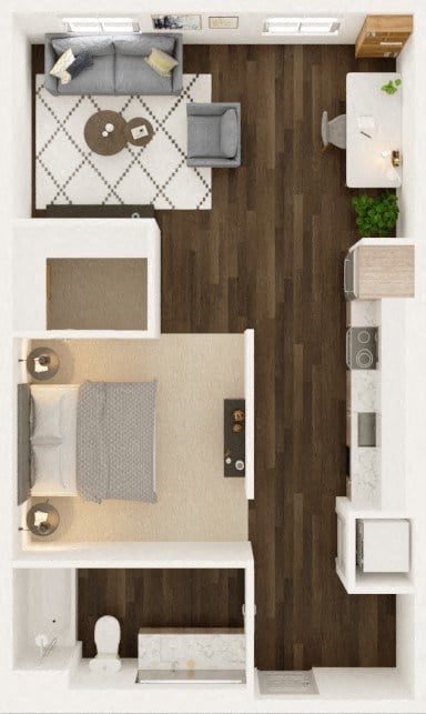 Floor plan for 1 bed, 1 bath, 735 sqft