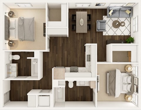 Floor plan for 2 beds, 2 baths, 1005 sqft
