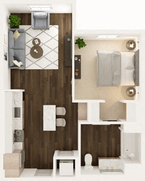 Floor plan for 1 bed, 1 bath, 661 sqft
