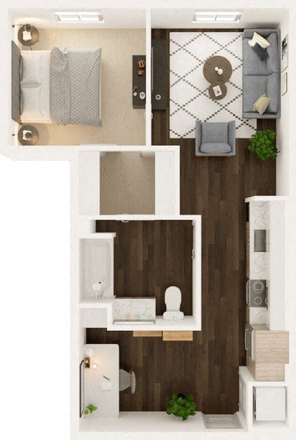 Floor plan for 1 bed, 1 bath, 697 sqft