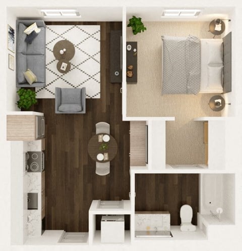Floor plan for 1 bed, 1 bath, 598 sqft