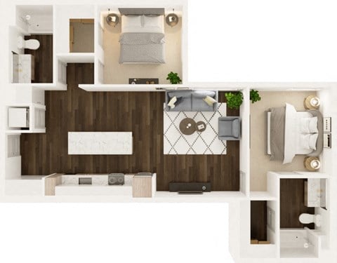 Floor plan for 2 beds, 2 baths, 1105 sqft