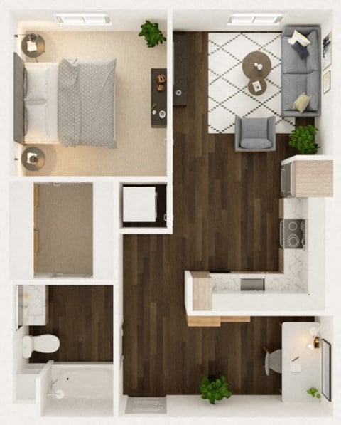 Floor plan for 1 bed, 1 bath, 718 sqft