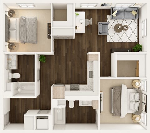 Floor plan for 2 beds, 2 baths, 1047 sqft