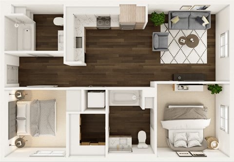 Floor plan for 2 beds, 2 baths, 909 sqft