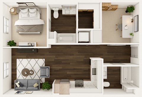 Floor plan for 1 bed, 2 baths, 843 sqft