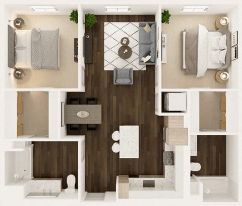 Floor plan for 2 beds, 2 baths, 1048 sqft