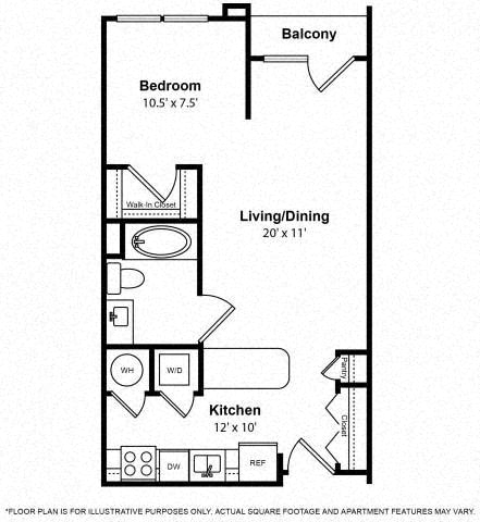 Floor plan for studio, 1 bath, 597 sqft