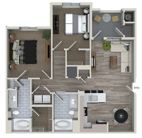 Floor plan for 2 beds, 2 baths, 1100 sqft