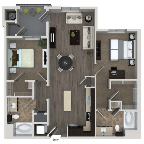 Floor plan for 2 beds, 2 baths, 1117 sqft