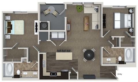 Floor plan for 2 beds, 2 baths, 1152 sqft