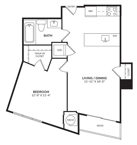 Floor plan for 1 bed, 1 bath, 679 sqft