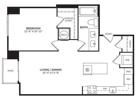 Floor plan for 1 bed, 1 bath, 744 sqft