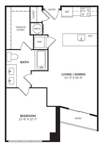 Floor plan for 1 bed, 1 bath, 741 sqft