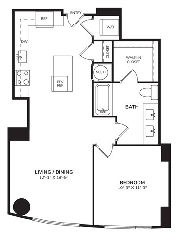 Floor plan for 1 bed, 1 bath, 748 sqft