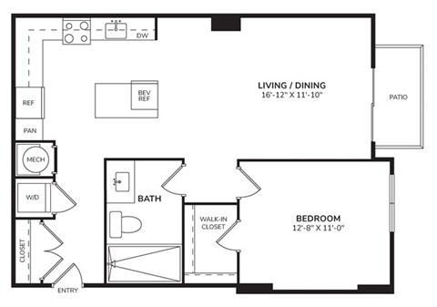 Floor plan for 1 bed, 1 bath, 788 sqft