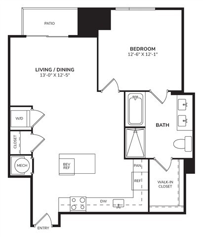 Floor plan for 1 bed, 1 bath, 881 sqft