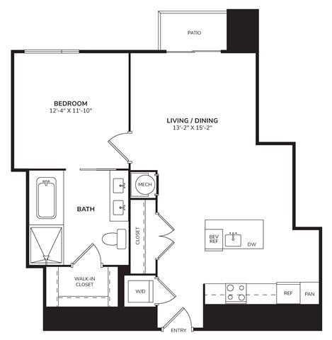 Floor plan for 1 bed, 1 bath, 892 sqft