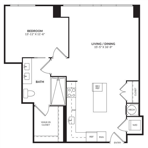 Floor plan for 1 bed, 1 bath, 935 sqft