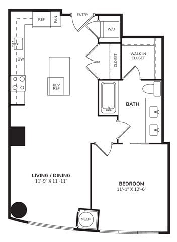 Floor plan for 1 bed, 1 bath, 766 sqft