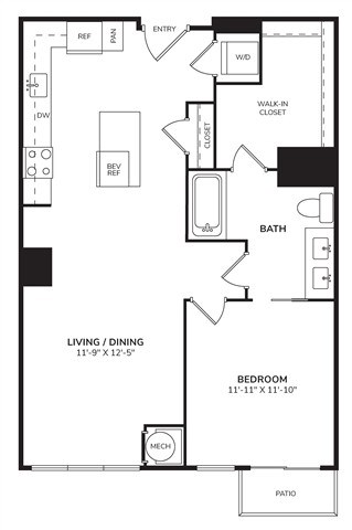Floor plan for 1 bed, 1 bath, 837 sqft