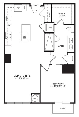 Floor plan for 1 bed, 1 bath, 853 sqft