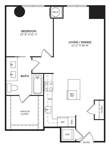 Floor plan for 1 bed, 1 bath, 890 sqft
