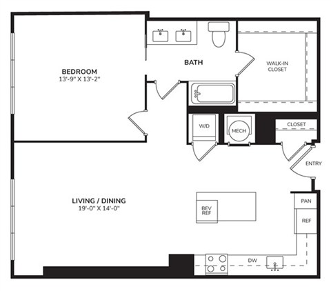 Floor plan for 1 bed, 1 bath, 954 sqft