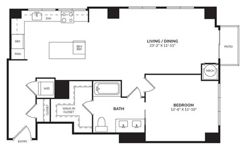 Floor plan for 1 bed, 1 bath, 976 sqft
