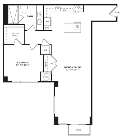 Floor plan for 1 bed, 1 bath, 1032 sqft