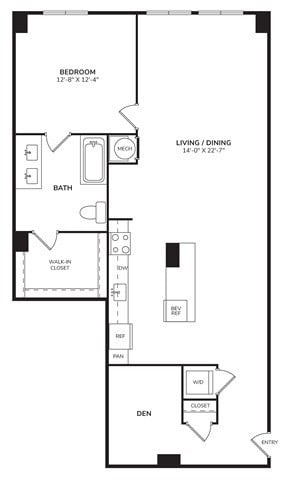 Floor plan for 1 bed, 1 bath, 1093 sqft