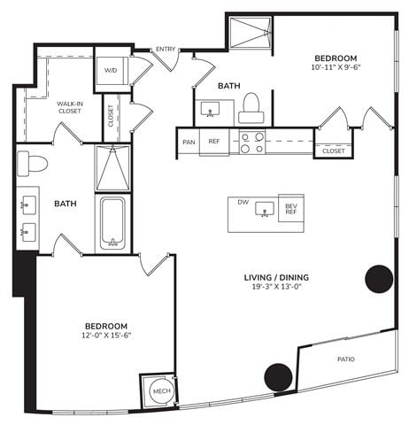 Floor plan for 2 beds, 2 baths, 1117 sqft