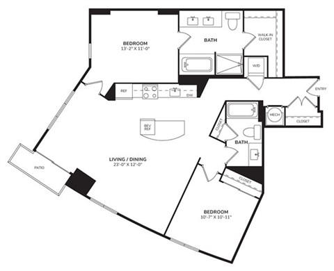 Floor plan for 2 beds, 2 baths, 1209 sqft