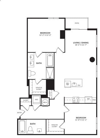 Floor plan for 2 beds, 2 baths, 1215 sqft