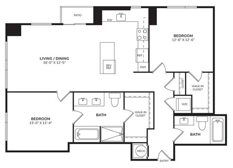 Floor plan for 2 beds, 2 baths, 1225 sqft