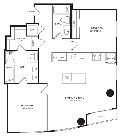 Floor plan for 2 beds, 2 baths, 1230 sqft