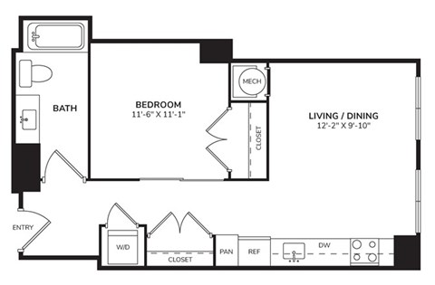 Floor plan for 1 bed, 1 bath, 632 sqft