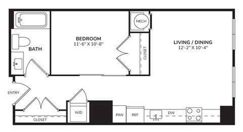 Floor plan for 1 bed, 1 bath, 638 sqft