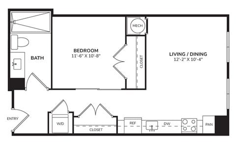 Floor plan for 1 bed, 1 bath, 641 sqft