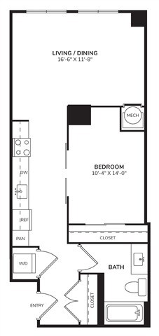 Floor plan for 1 bed, 1 bath, 736 sqft